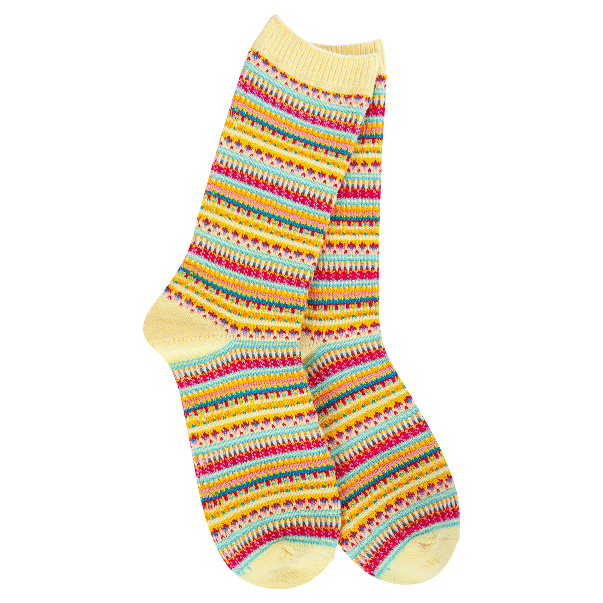 Cozy Crew Socks in yellow with a colorful striped pattern.