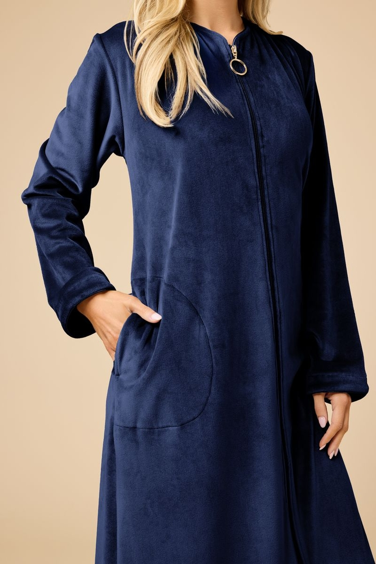 Woman wearing a navy blue Hannah Soft Zip Robe with a sweetheart neckline and side pocket.