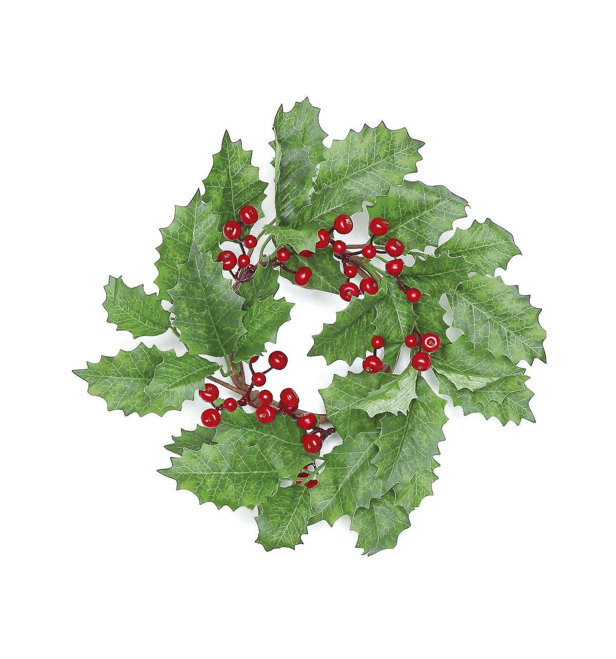 Holly and berry table wreath with green leaves and red berries on a white background.