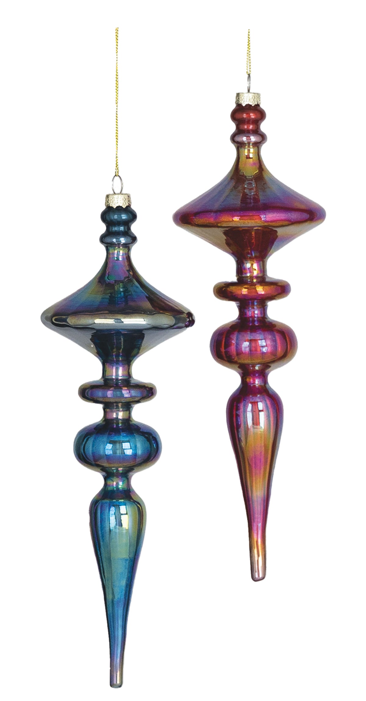 Two large iridescent mercury glass finial ornaments in blue and red with gold hanging strings.