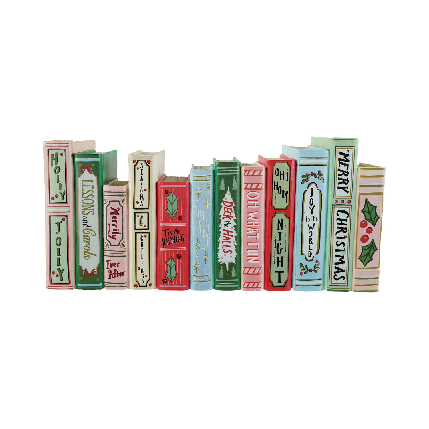 Resin holiday books decor featuring a row of colorful, festive book spines with Christmas titles.