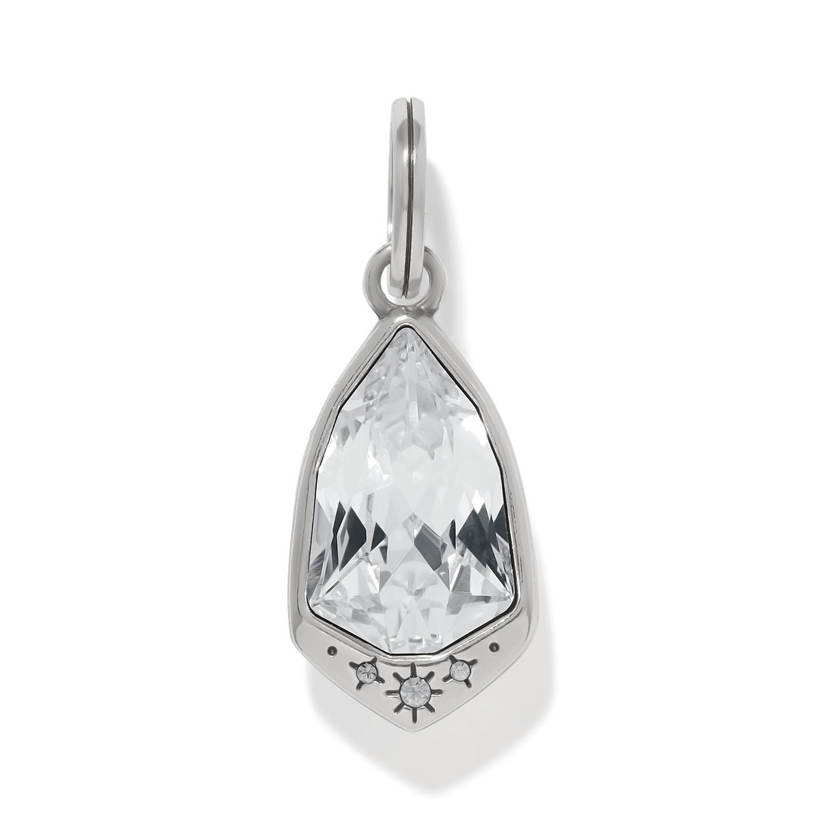 Silver-plated Zella Amulet pendant featuring a large faceted clear crystal and small star accents.
