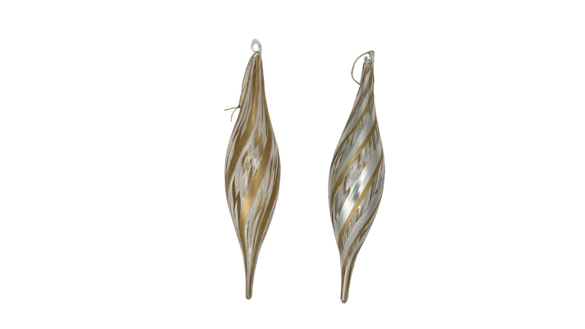 Sparkling glass Christmas finial with silver and gold striped vertical pattern.