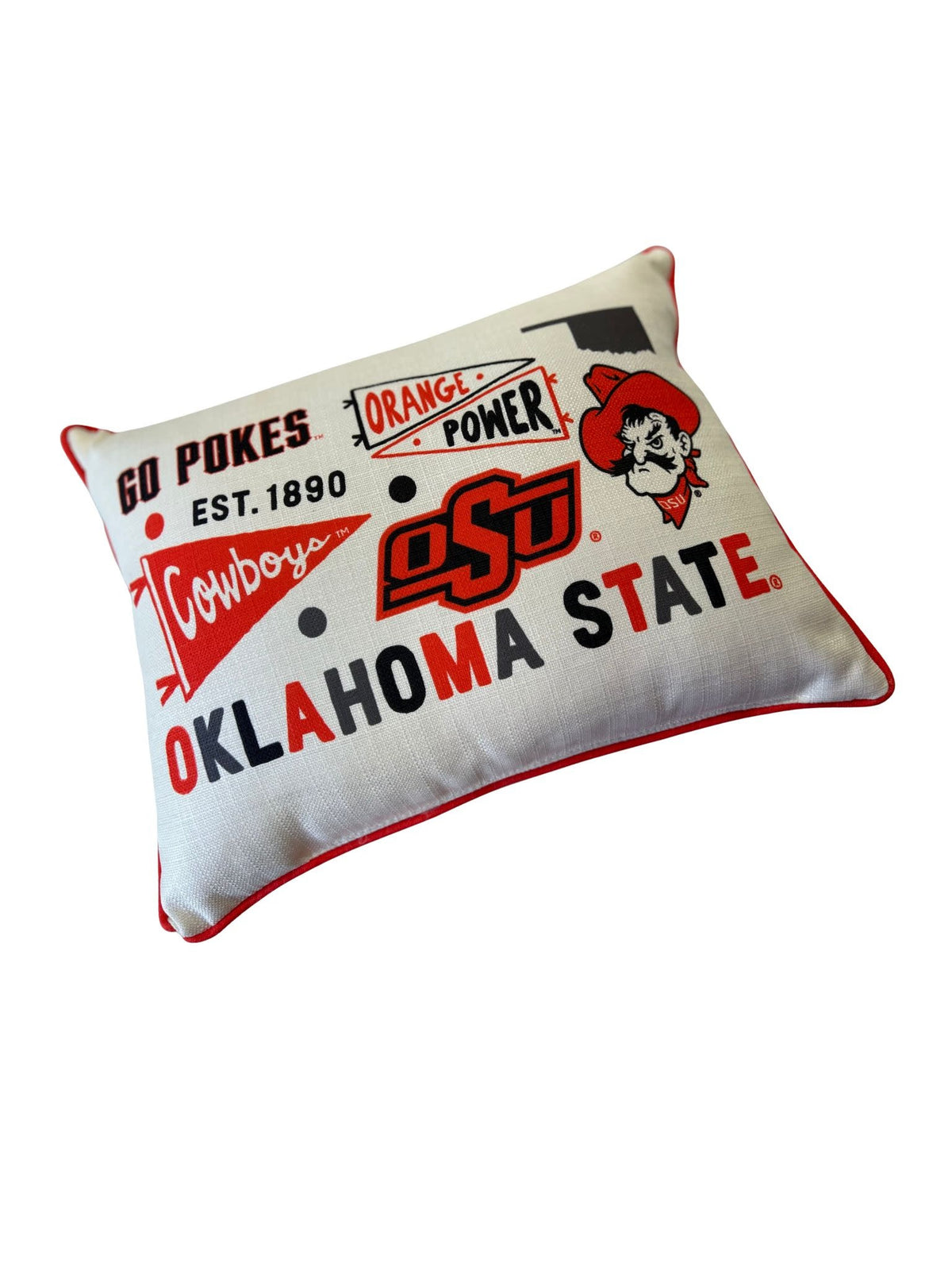 Oklahoma State Collegiate Cluster Pillow with detailed piping in collegiate colors