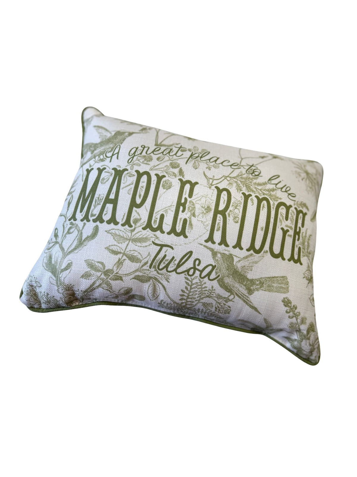 Great Place sage hummingbird toile fabric with accent piping