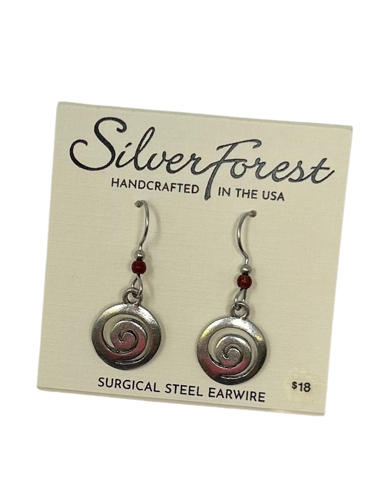 Hammered gold spiral drop earrings with surgical steel fish hook backs