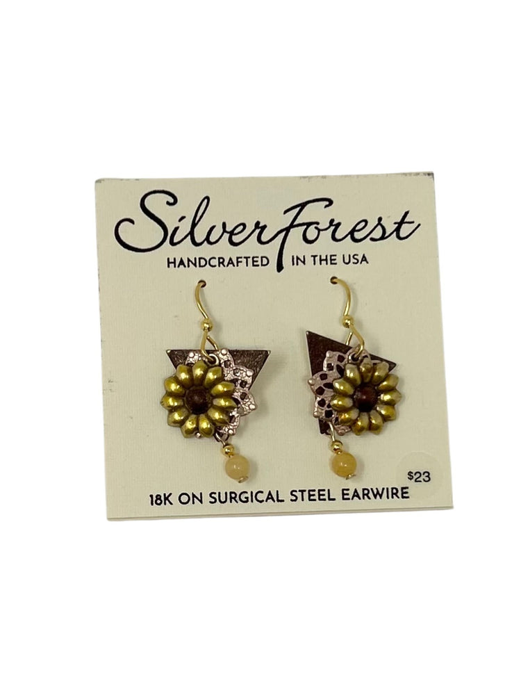 Silver filigree drop earrings featuring a flower motif with diamond accents.