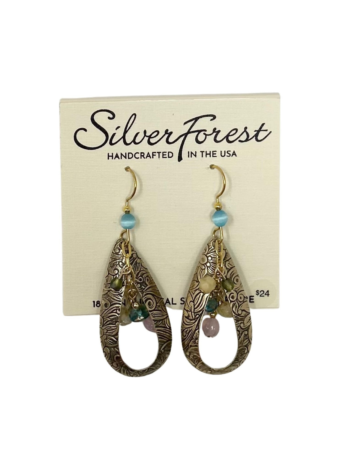 Handcrafted surgical steel tear drop earrings featuring a cascade of colorful beads on fish hook backs.