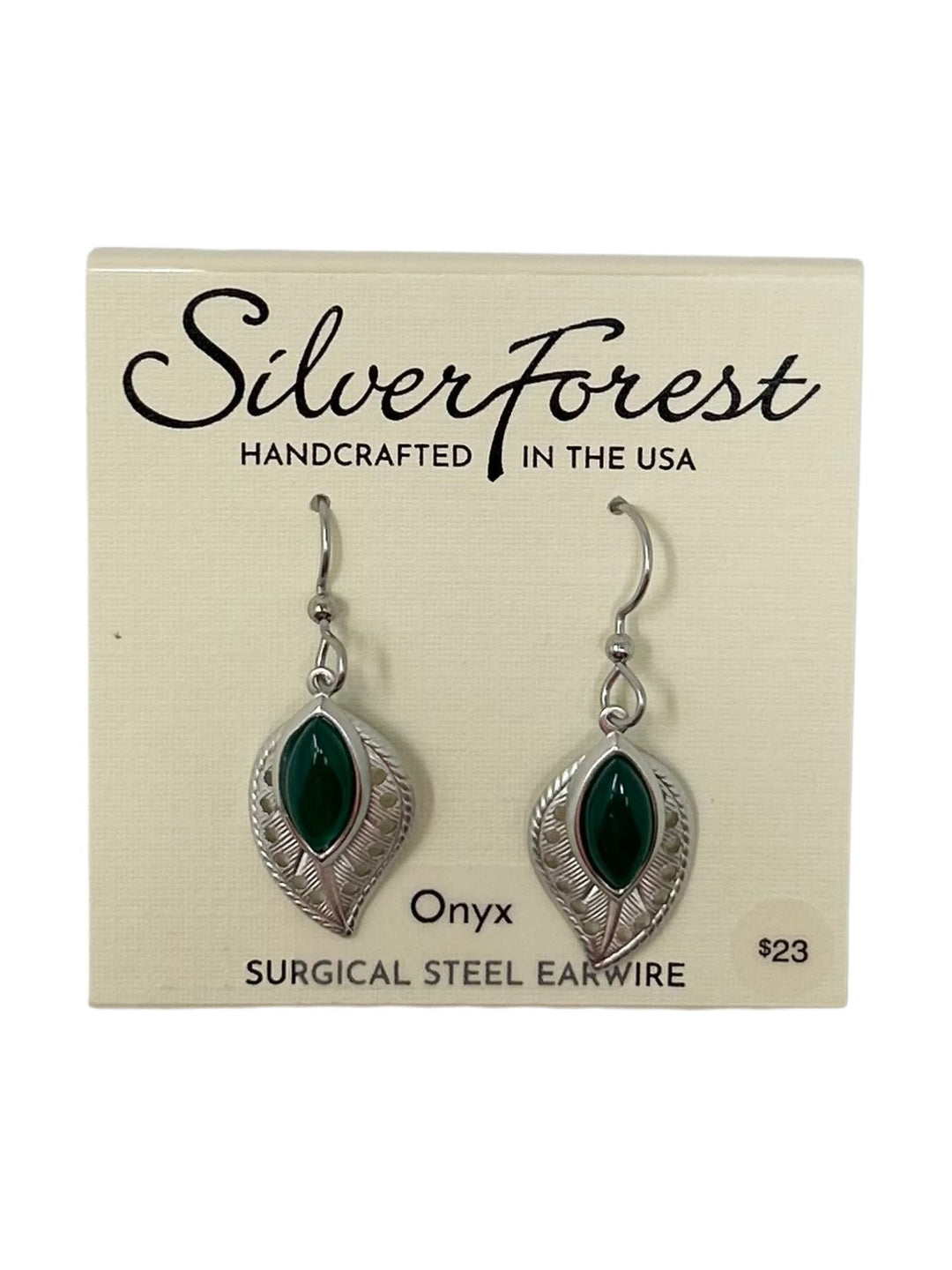 Airy Leaf earrings with a delicate leaf shape in silver surgical steel featuring a vibrant green stone accent.