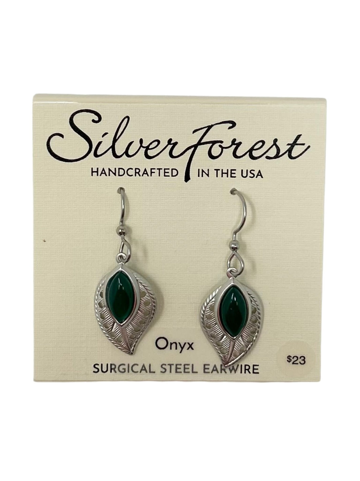 Airy Leaf earrings with a delicate leaf shape in silver surgical steel featuring a vibrant green stone accent.