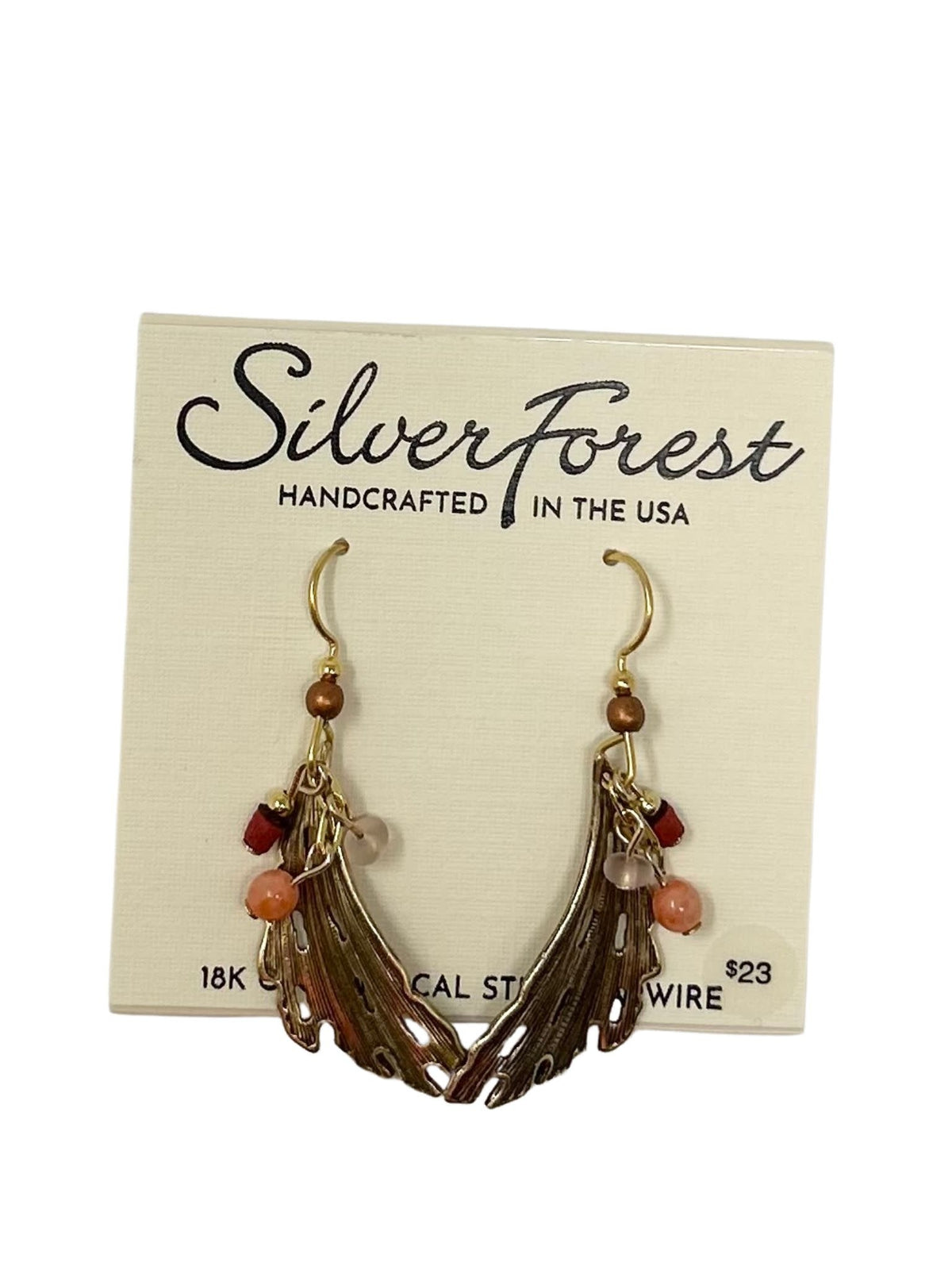 Handcrafted surgical steel feather-shaped earrings with bead accents on fish hook backs.
