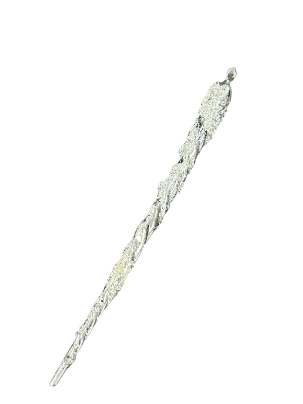 Fourteen-inch icicle ornament with an icy silver plated acrylic finish.
