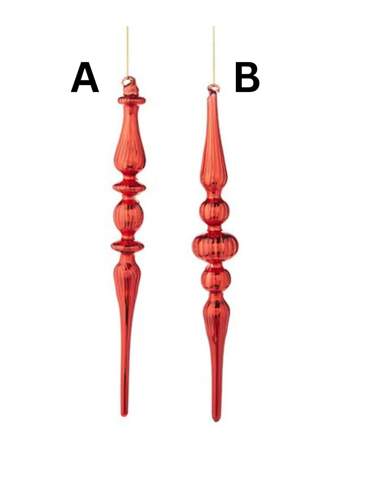 Two 11.25-inch red glass finial ornaments with ribbed textures and elongated, decorative silhouettes.