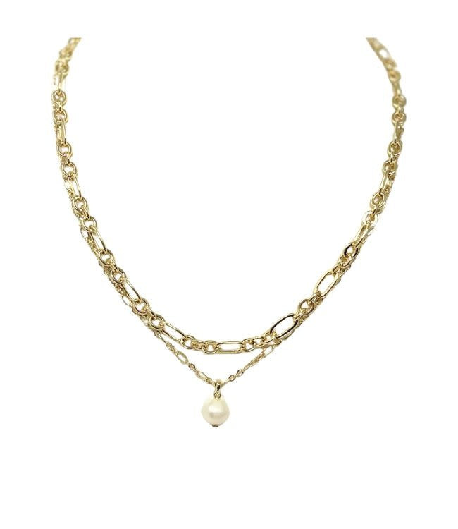 Ashton multi-strand gold chain necklace featuring a single dangling pearl pendant.