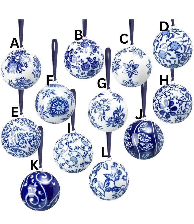 Blue and white porcelain Christmas ball ornament with Chinoiserie patterns