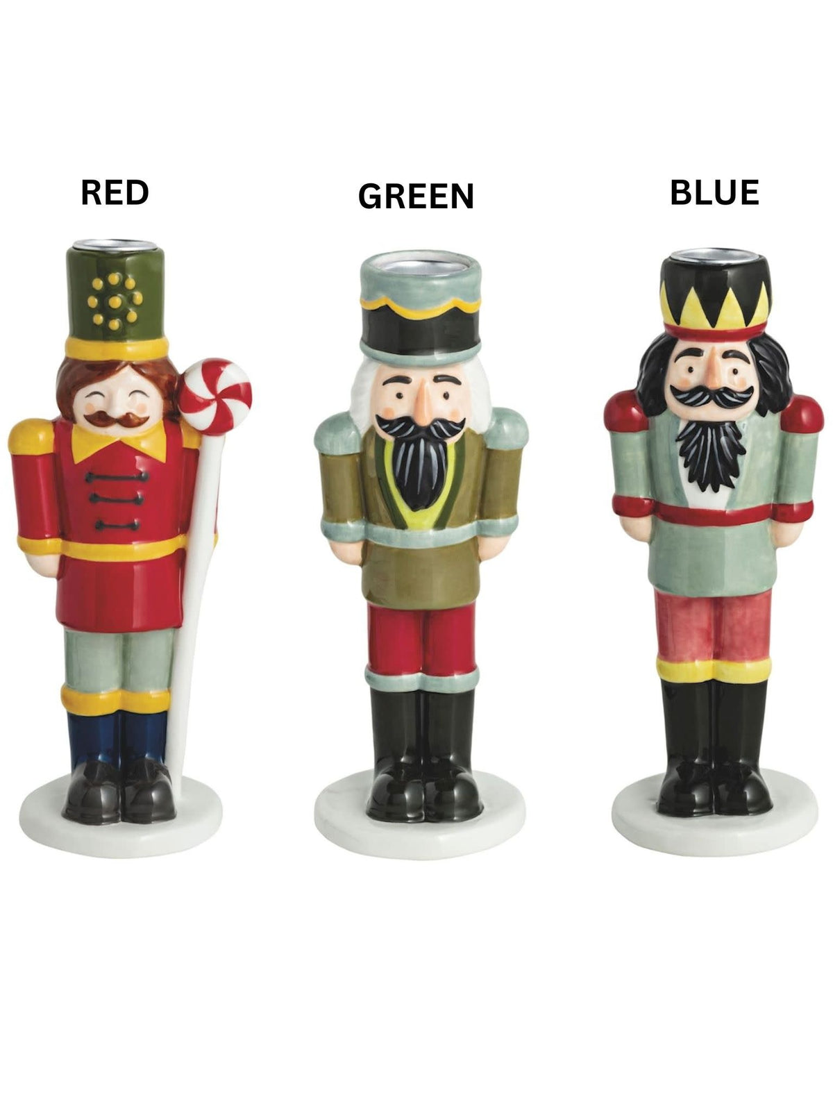 Hand-painted ceramic taper holder shaped as a nutcracker figurine in earthy tones.