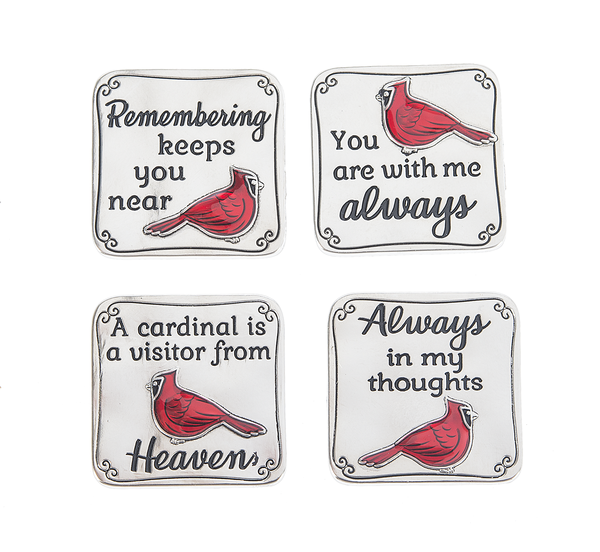 Silver square charm with a red cardinal bird silhouette on black background