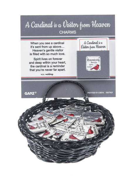 Silver square charm featuring a red cardinal silhouette with black accents.