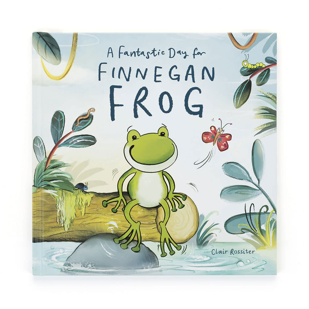 Hardcover children's book titled A Fantastic Day For Finnegan Frog featuring colorful illustrations of a frog and friends at a pond.