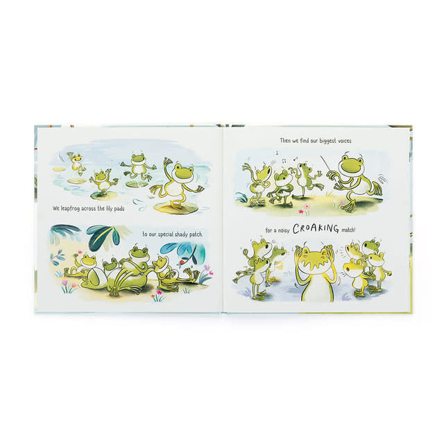 Hardcover children's book titled A Fantastic Day For Finnegan Frog featuring colorful frog illustrations on the cover.