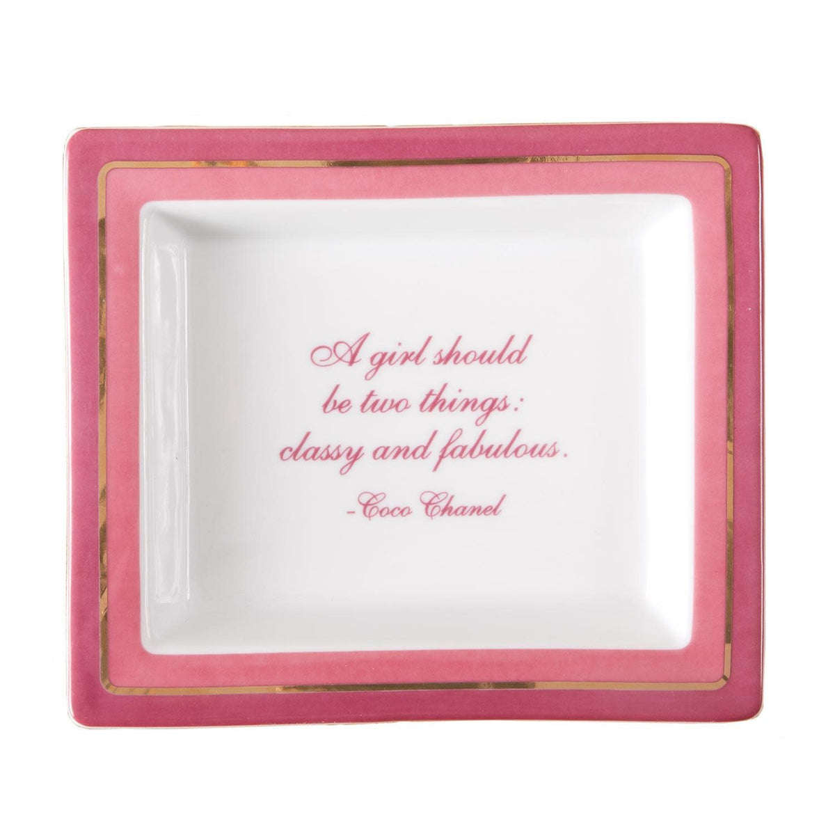 White porcelain serving tray with gold text reading 'A Girl Should be Classy and Fabulous' inside a gift box.