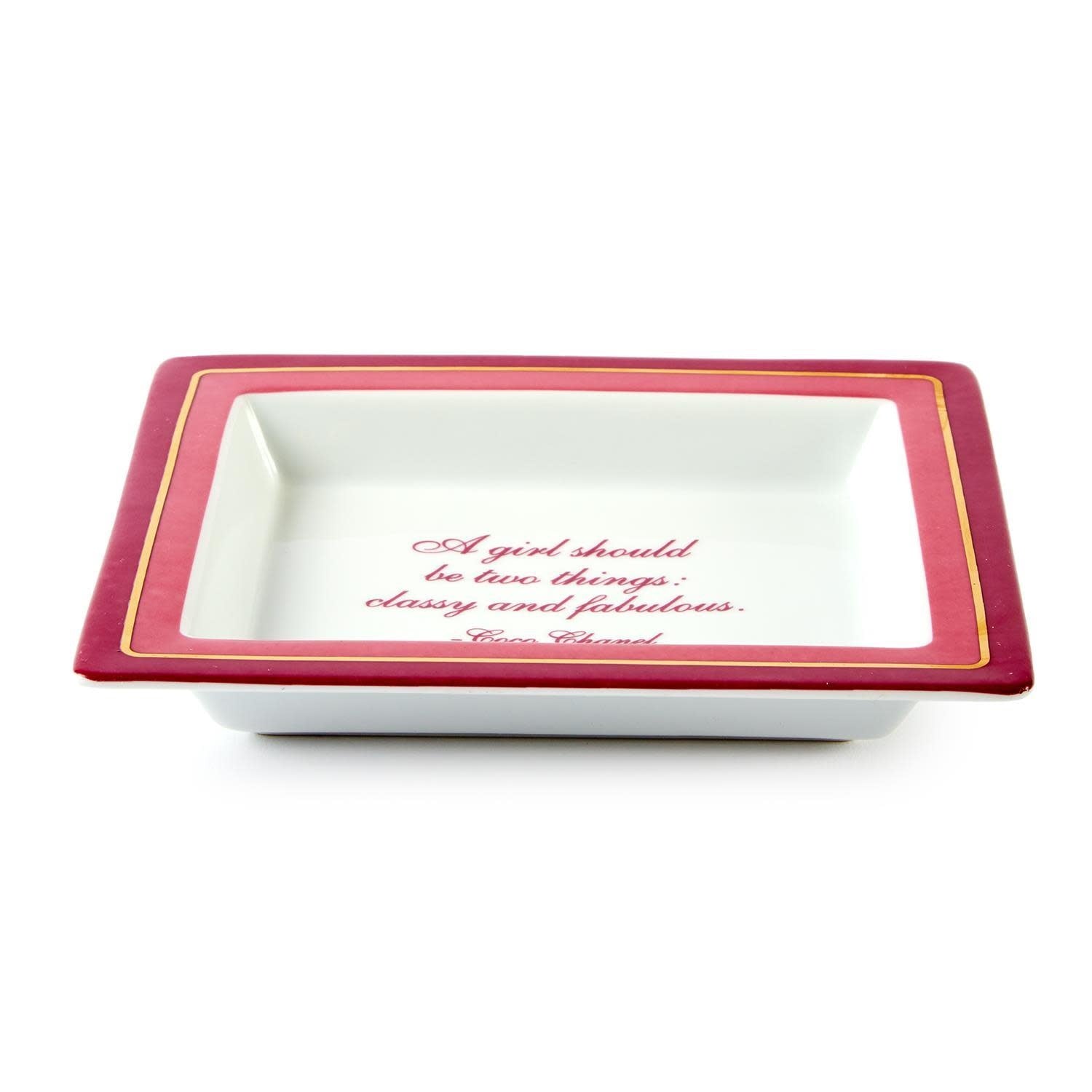 White porcelain serving tray with gold text reading 'A Girl Should be Classy and Fabulous' inside a gift box.