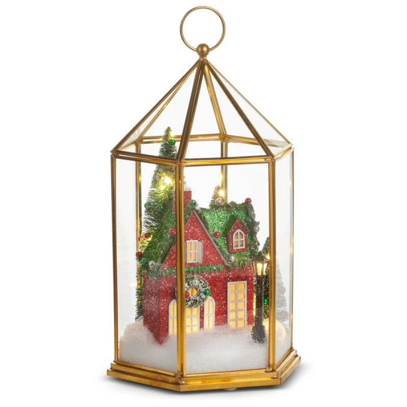 11.5-inch lighted Christmas house terrarium with a red glitter house and trees in a gold glass case.