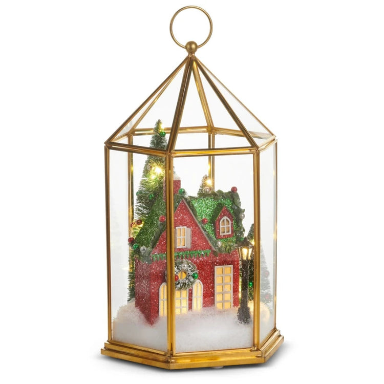11.5-inch lighted Christmas house terrarium with a red glitter house and trees in a gold glass case.