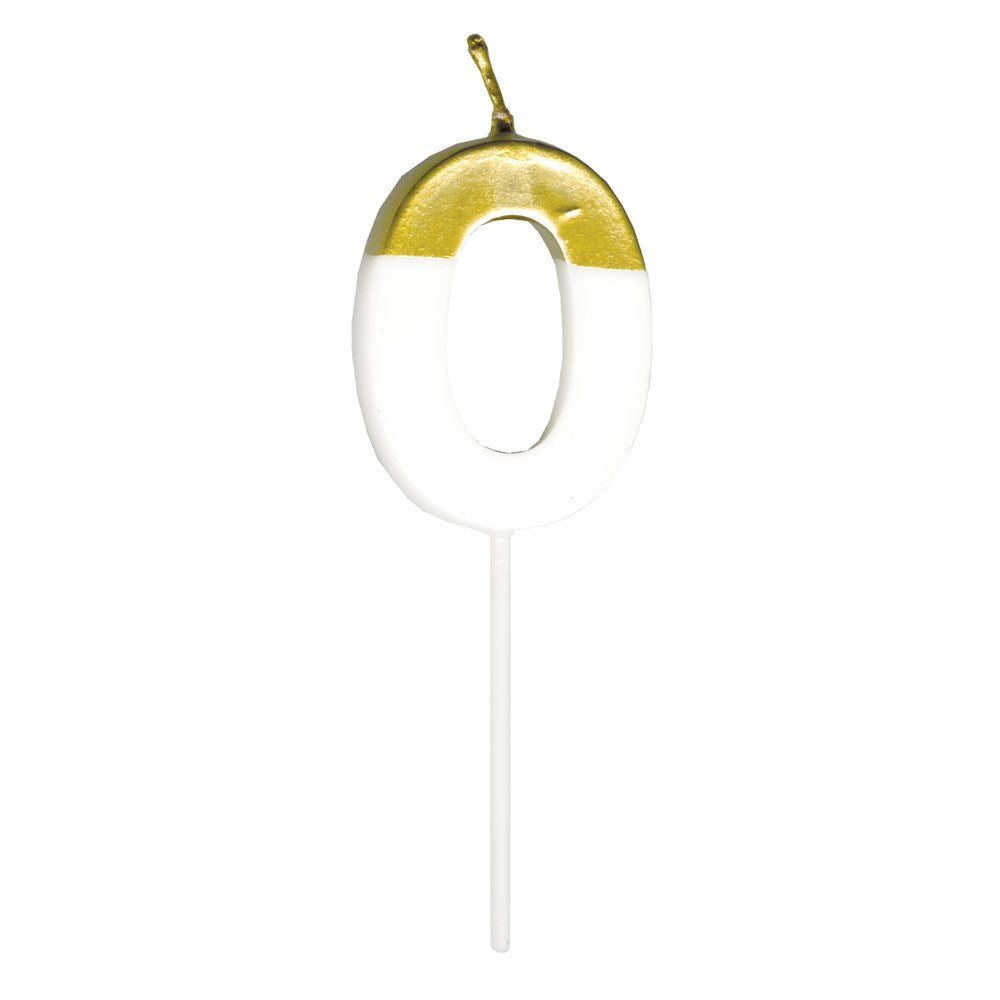 White and gold number 0 birthday candle on a stick, 8.57 cm tall.