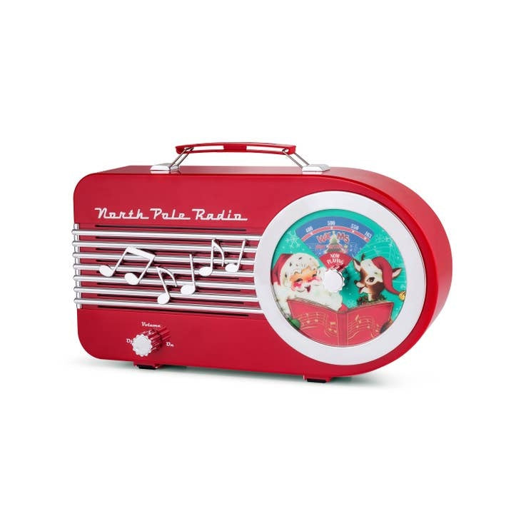 Vintage red North Pole Radio with pre-programmed Christmas stations