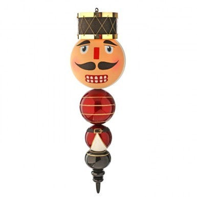 40-inch toy soldier nutcracker finial ornament with a drum hat and red and black bauble body.