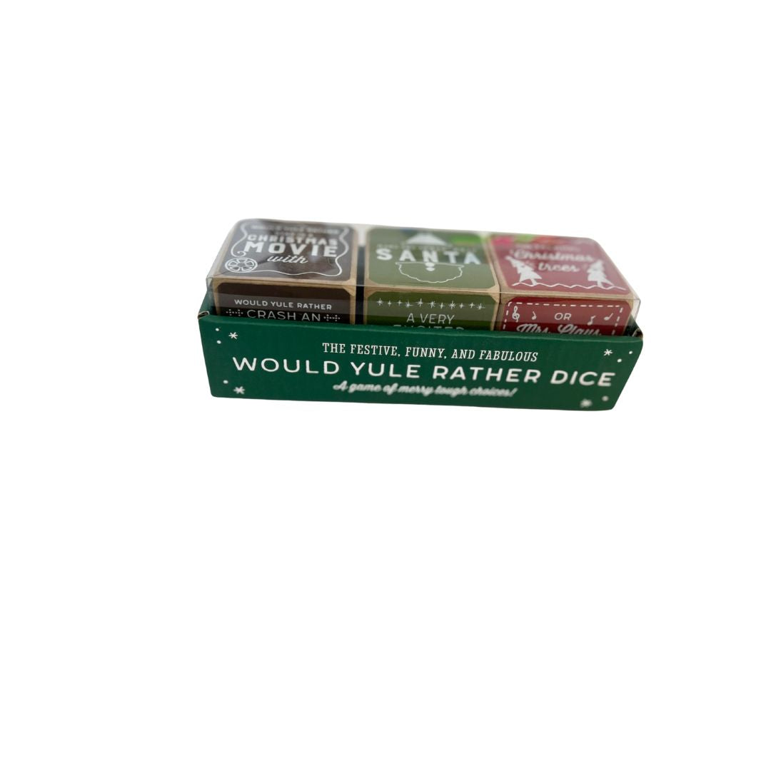 Would Yule Rather Dice game box with three dice featuring Christmas movie, Santa, and Christmas trees themes.