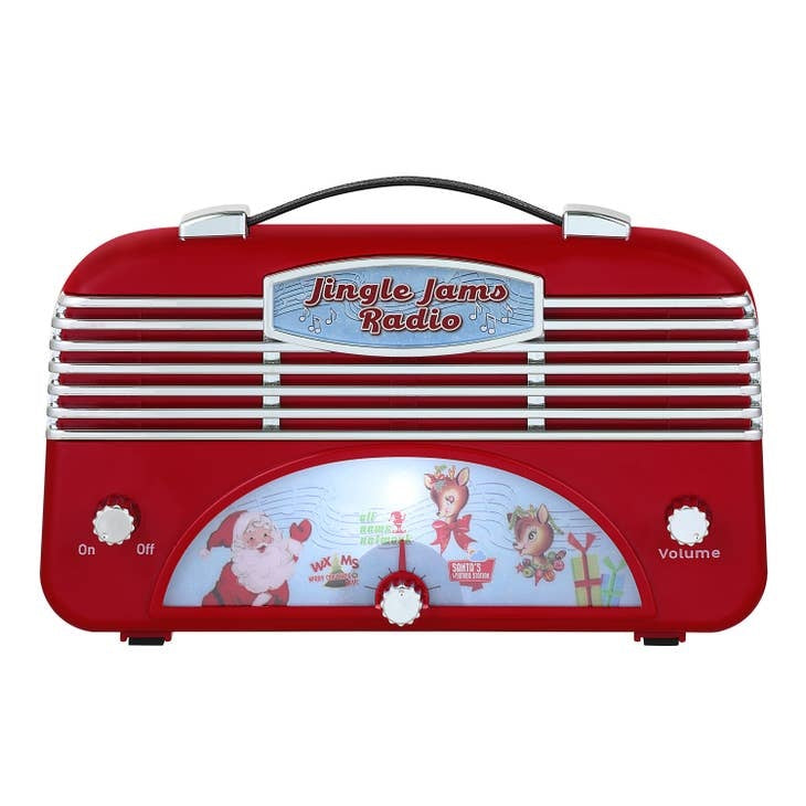 Vintage-style Jingle Jams Radio with knobs, cool white LED light, playing Christmas carols.