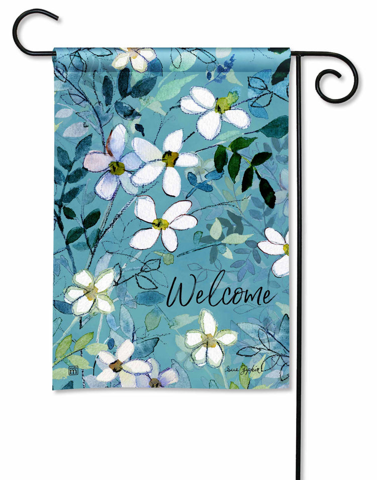 Blue garden flag with white floral watercolor pattern and "Welcome" text.