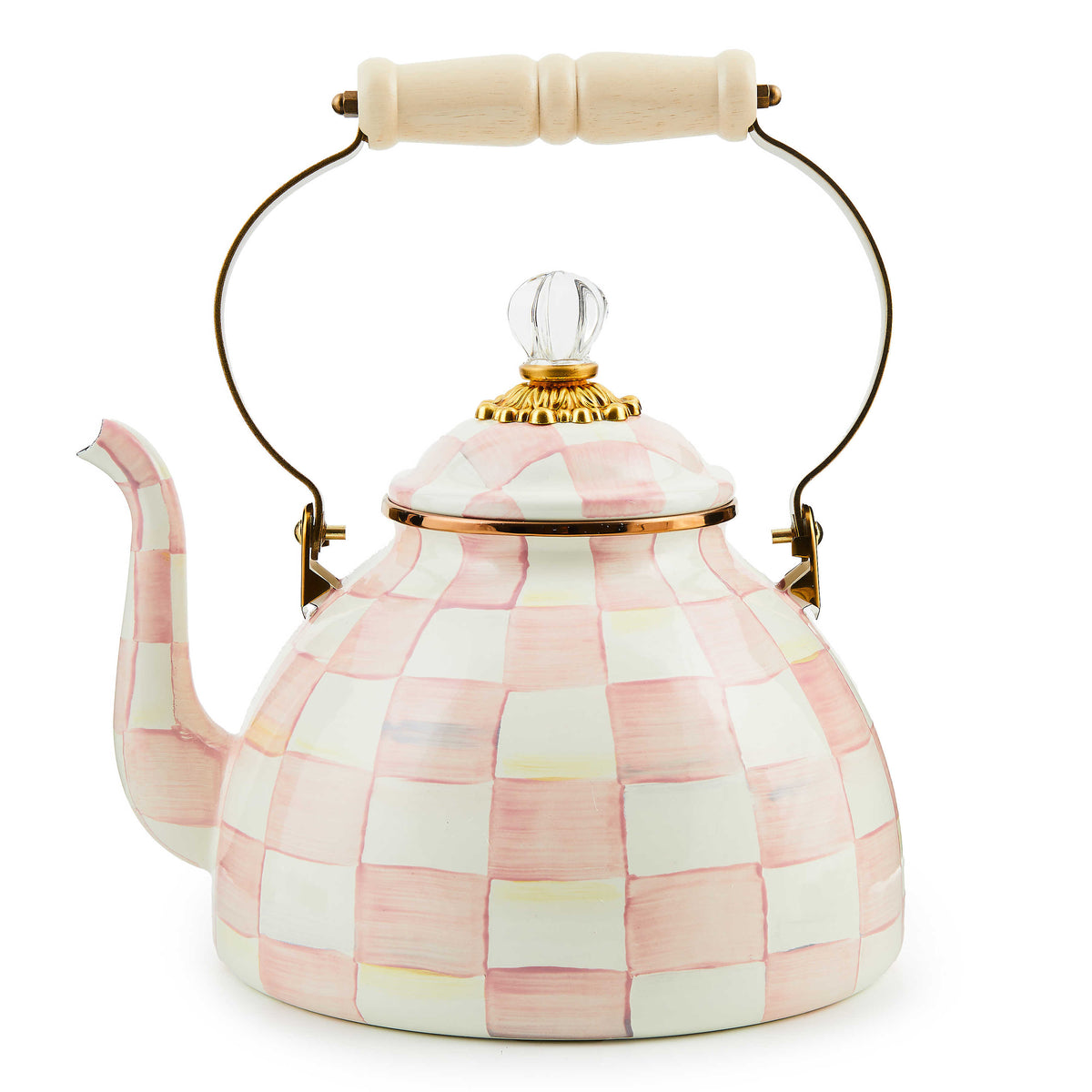 3-quart tea kettle with hand-painted pink and white checks, wood handle, and glass lid knob.