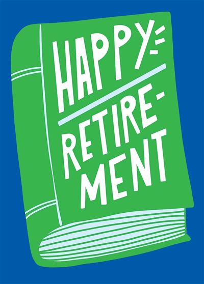 Green greeting card shaped like a book with "Happy Retirement" written in white text.