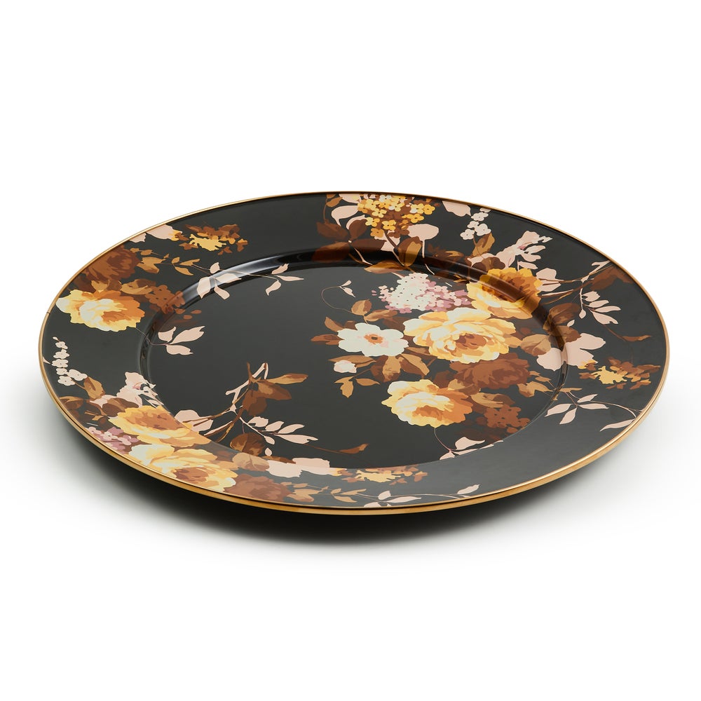 Round Wild Rose brown serving platter with bronzed stainless steel rim.