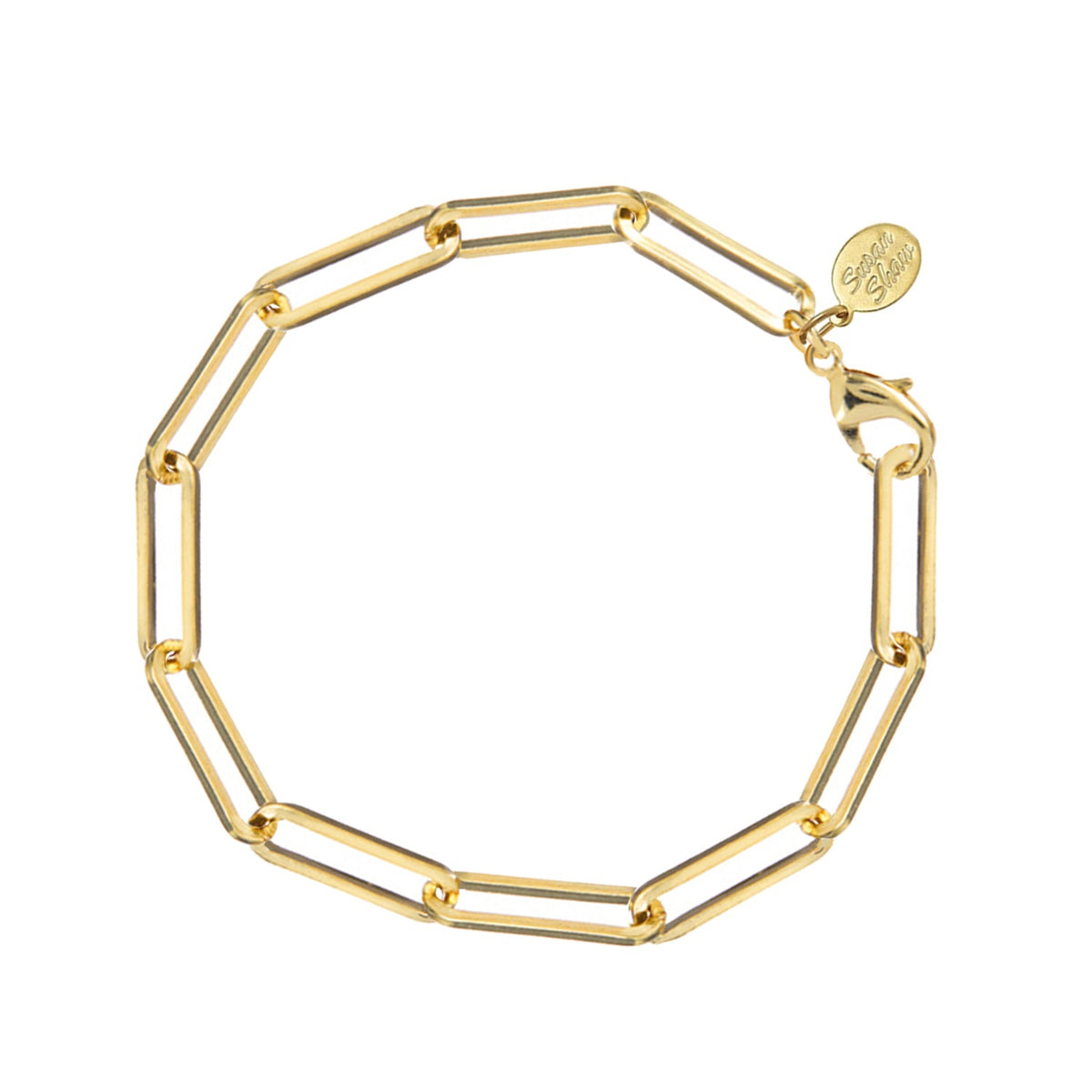 Large gold paperclip chain link bracelet with a lobster clasp and a small round logo charm.