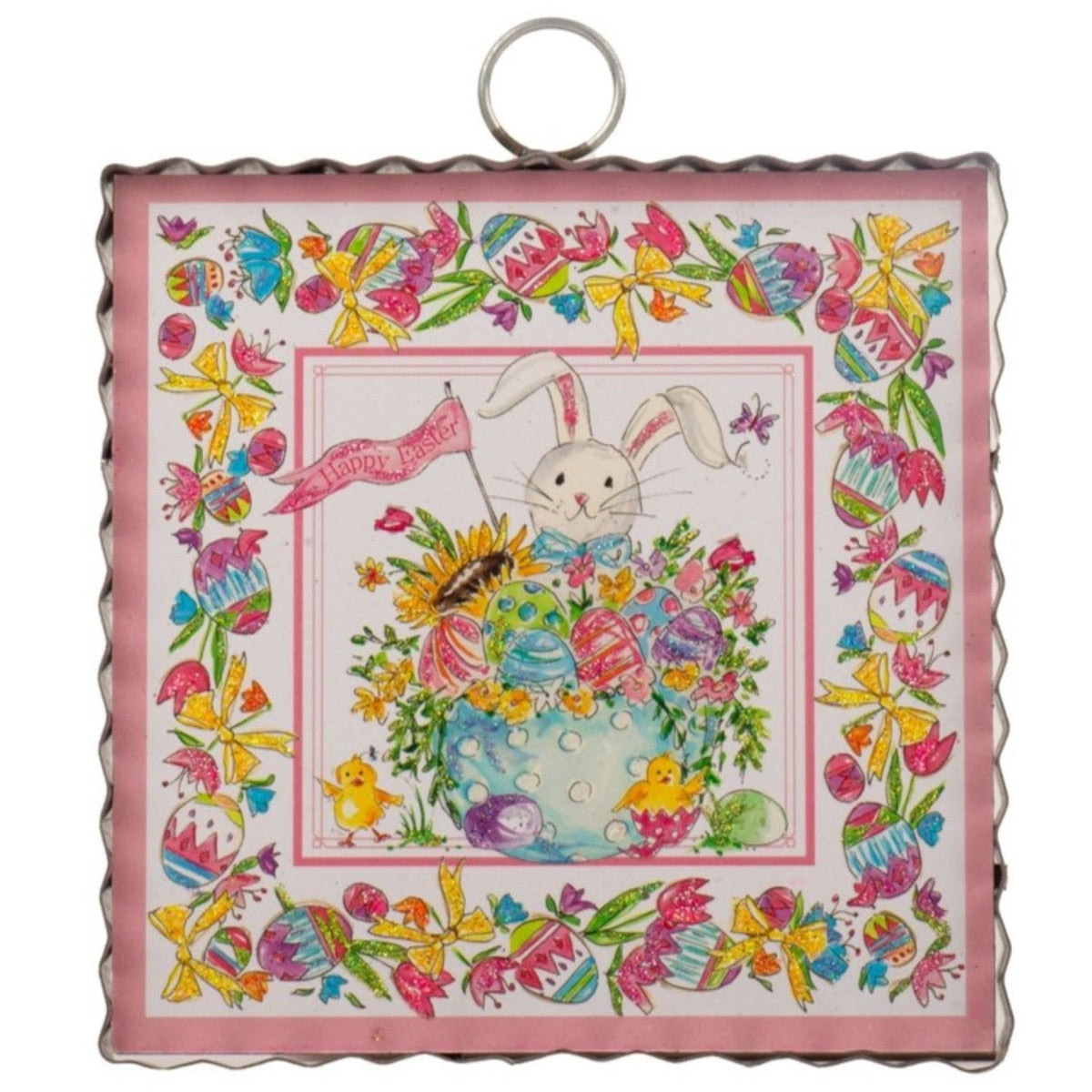 Mini Bunny & Chick's Galore Print wall hanging featuring a colorful pattern with bunnies and chicks on a rectangular fabric panel.