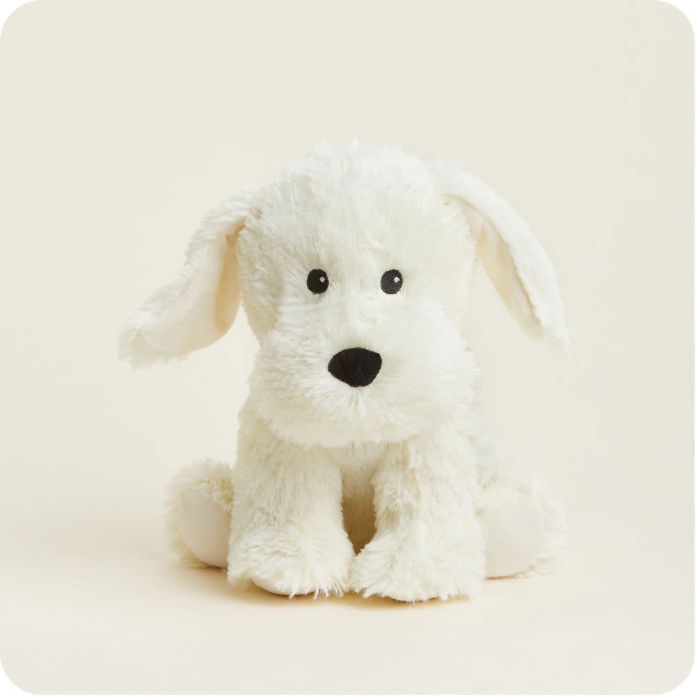 Yellow Labrador-shaped microwave warmie with soft fabric texture
