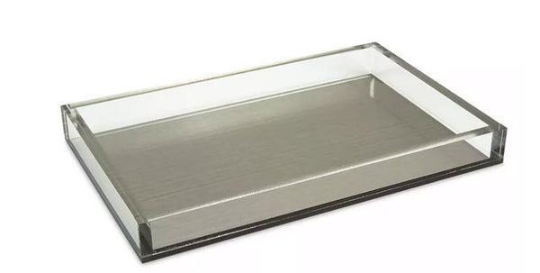 Silver Lucite tray measuring 12x8 inches with a clear acrylic finish and rectangular silhouette.