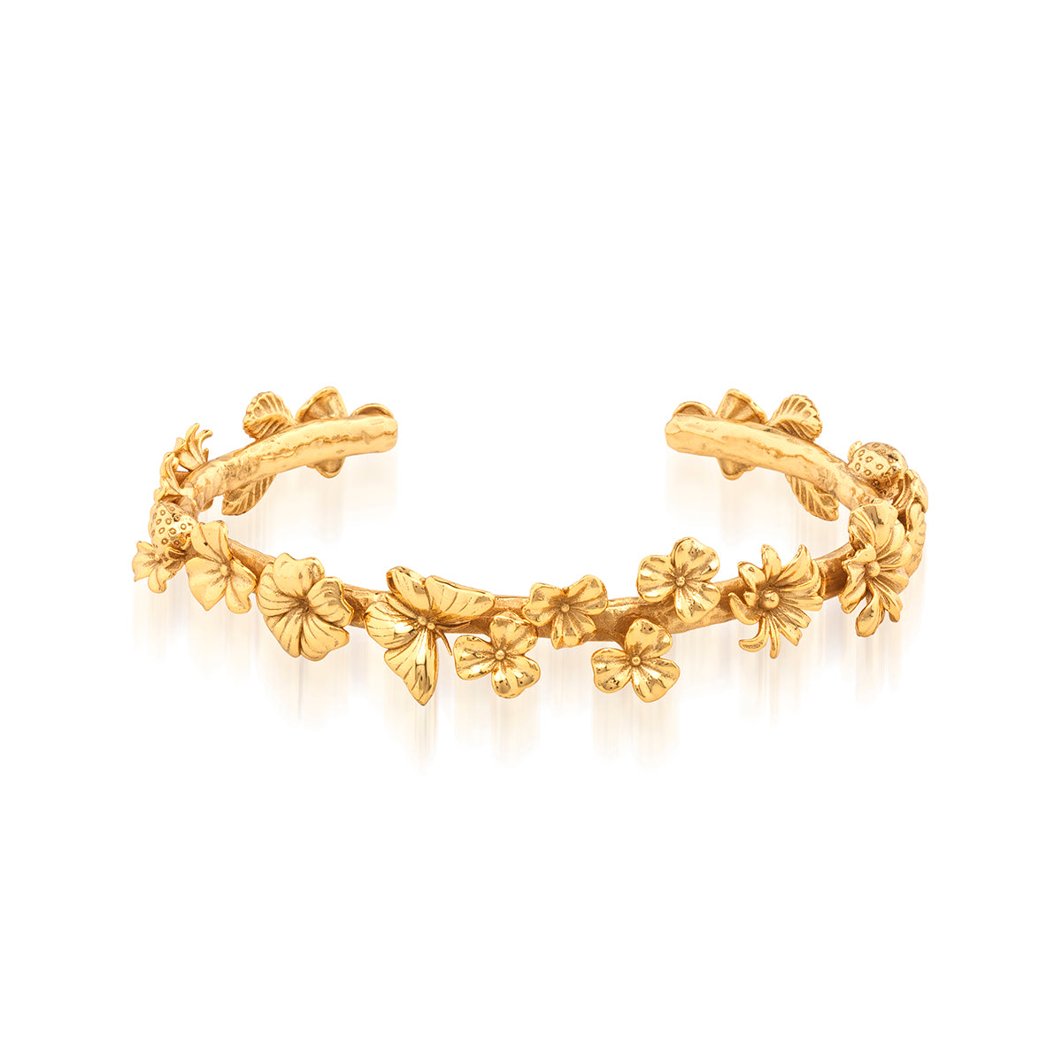 Gold Petite Cuff bracelet featuring a delicate meadow walk flower design with slender silhouette.