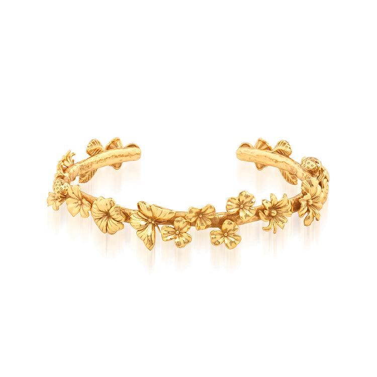 Gold Petite Cuff bracelet featuring a delicate meadow walk flower design with slender silhouette.
