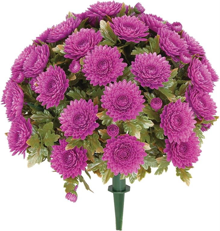 16.53 inch UV proof purple mum bush stake with green leaves and a pointed ground stake.