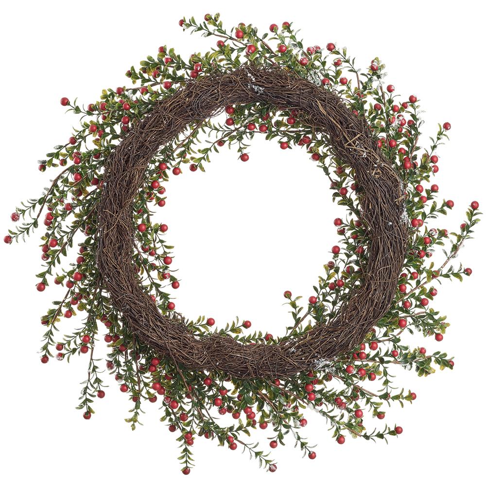 24-inch grapevine wreath with green leaves, red berries, and a light dusting of artificial snow.