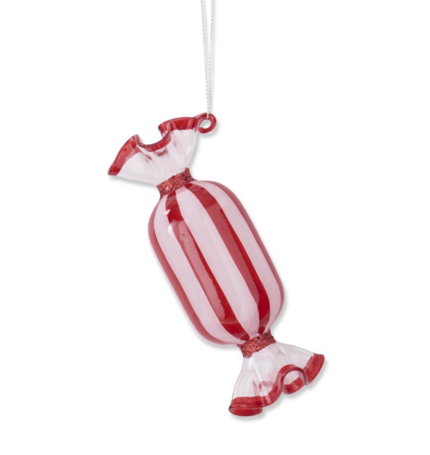 Red and white glass candy ornament with a classic round shape.
