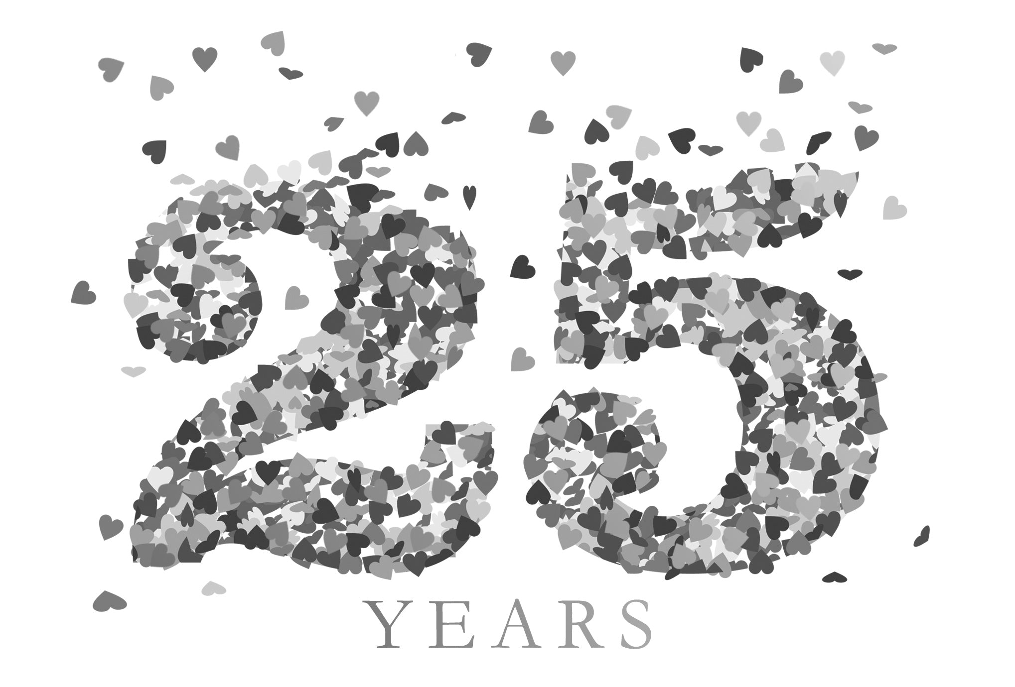A "25 Years" card design made of scattered grey and black hearts.