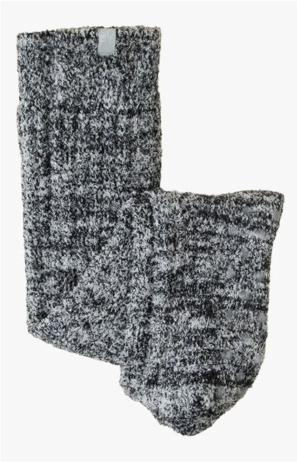 Slouchy marshmallow socks in heathered gray with non-slip grippers on the sole.