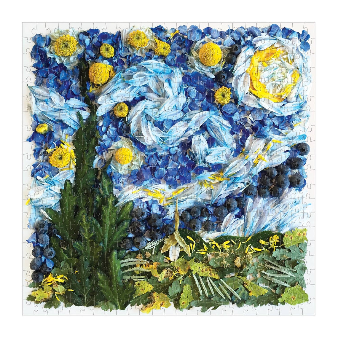 Completed Starry Night Petals puzzle showing a dark blue night sky with white stars and glowing flower silhouettes.