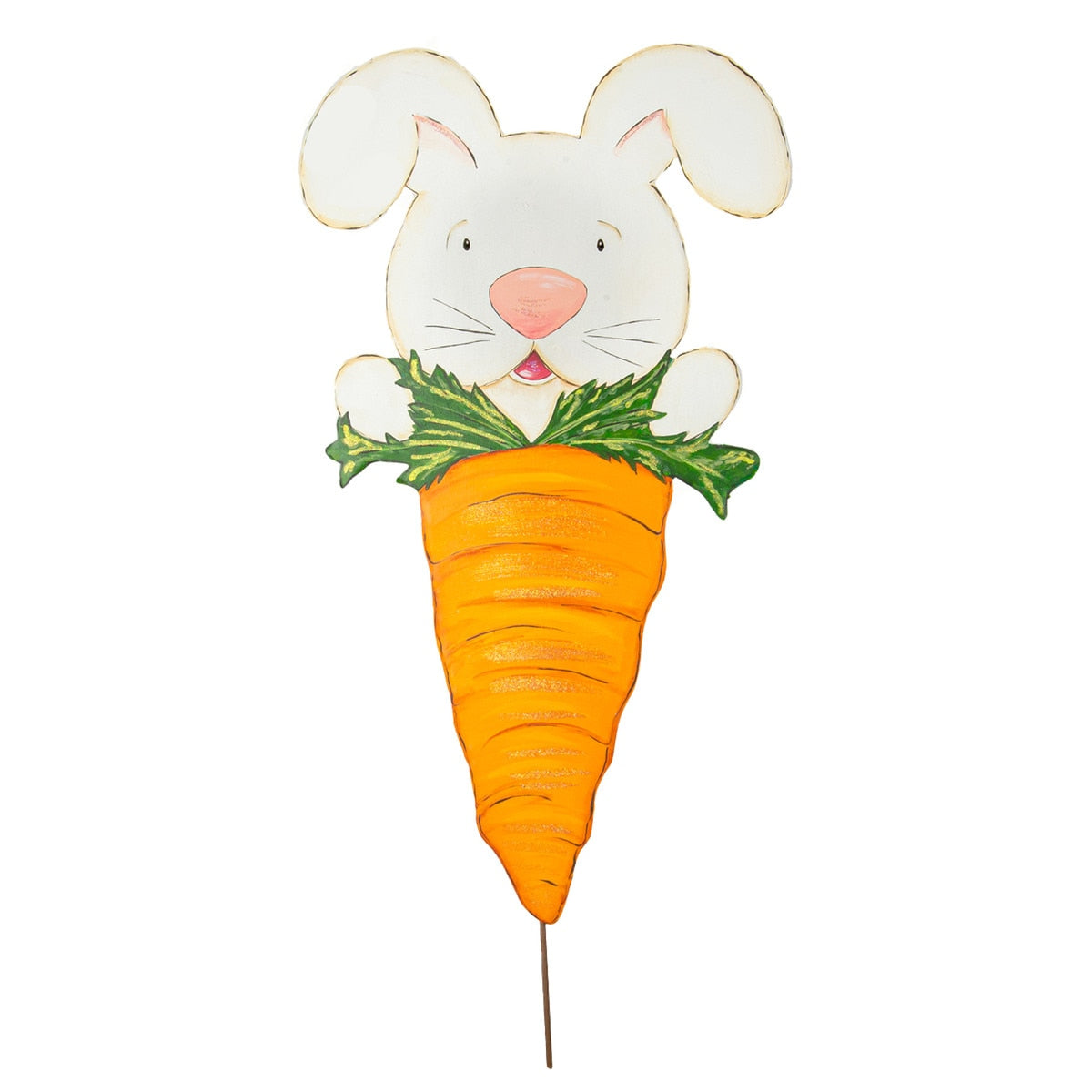 Happy Bunny in Carrot stake figurine with a white bunny holding an orange carrot against a green background.